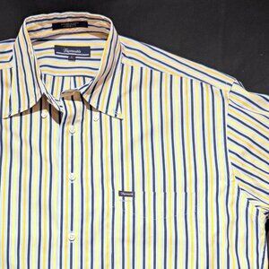 Faconnable Mens Dress Shirt Large Navy/Gold Stripes 100% Cotton MADE IN USA
